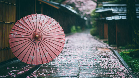 Parasol propped next to a walkway covered in cherry blossoms and petalsの素材