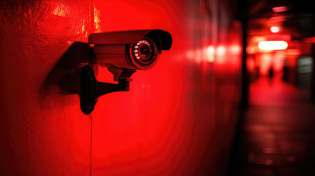 Wall-mounted infrared security camera glowing faint red in dimly lit areaの素材