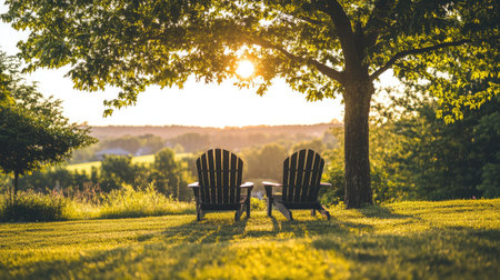 Two empty chairs under a tree in a front yard glowing in the evening sunの素材