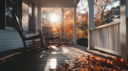 Sunlight filtering through autumn leaves onto an old porch and rocking chairsの素材