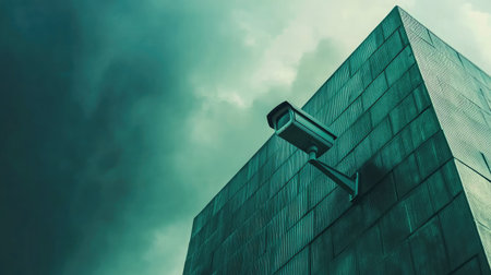 Urban environment with wall-mounted CCTV camera on the corner of a street building, cloudy skyの素材
