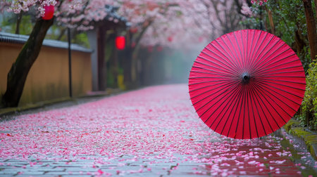 Parasol propped next to a walkway covered in cherry blossoms and petalsの素材