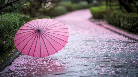 Parasol propped next to a walkway covered in cherry blossoms and petalsの素材