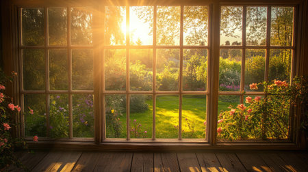 Peaceful moment captured through sunlight reflecting on windows and a quiet gardenの素材