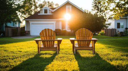 Two empty wooden chairs facing the sunrise in a quiet front yard, with soft golden light casting long shadows on the grassの素材
