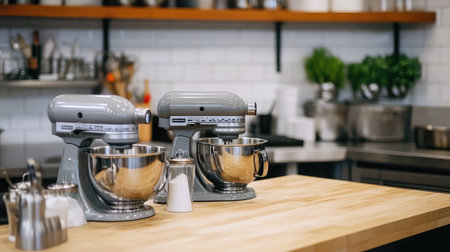 Baking section in a restaurant kitchen with flour, mixers, and measuring utensilsの素材