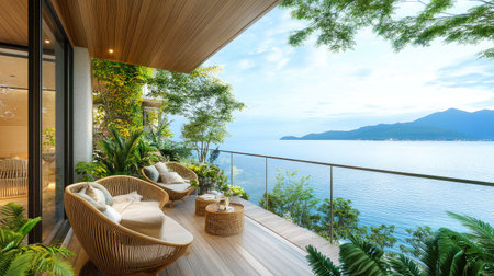 Balcony with light wood floor and rattan chairs, sea sparkling in the distanceの素材