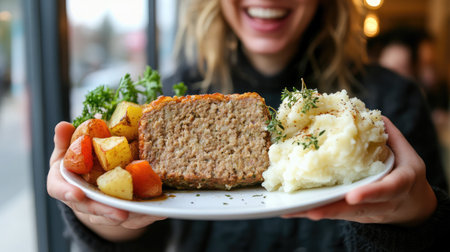 American-style meatloaf with mashed potatoes and gravy on a white plate, bright backgroundの素材