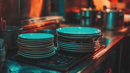 Clean commercial stovetop with pots, pans, and neatly stacked plates in a restaurant kitchenの素材