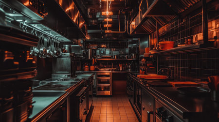 Commercial kitchen with multiple ovens, spotless metal counters, and overhead ventilationの素材