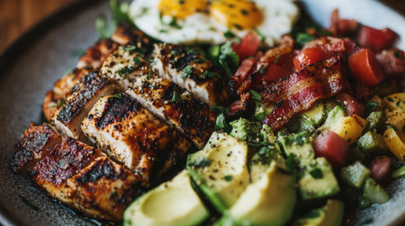 Cobb salad with grilled chicken, avocado, bacon, and egg on a white backgroundの素材