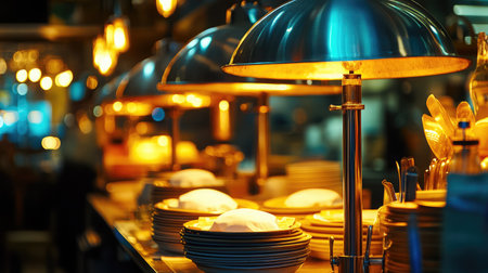 Empty kitchen service pass area with heat lamps and covered plates ready for pickupの素材