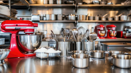 Baking section in a restaurant kitchen with flour, mixers, and measuring utensilsの素材