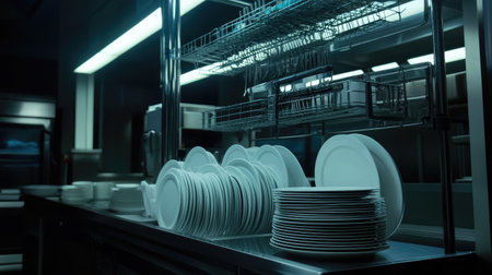 Industrial dishwasher area in a restaurant kitchen with racks of clean dishesの素材