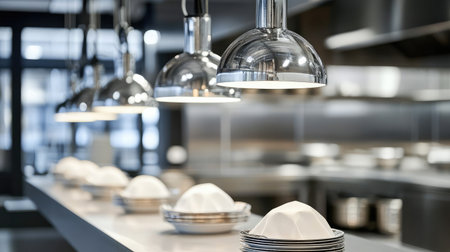 Empty kitchen service pass area with heat lamps and covered plates ready for pickupの素材