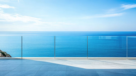 Glass balcony railing with unobstructed view of the horizon and deep blue oceanの素材