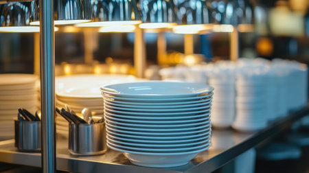 Empty plating area with heat lamps, clean white plates, and ready-to-use utensilsの素材