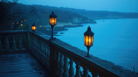 Balcony at dusk with lanterns and sea fading into twilight beyond the railingの素材