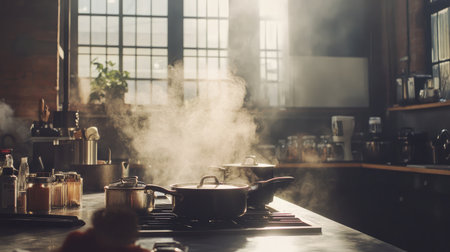 Industrial kitchen with steam rising from pots on a large stove, with everything perfectly arrangedの素材