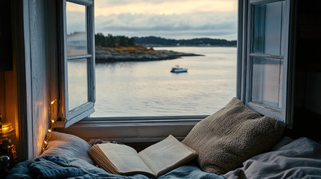 Cozy balcony nook with cushions and ocean breeze, looking out to a peaceful bayの素材