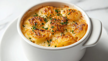 Macaroni and cheese in a white bowl, creamy and golden, on a bright white backdropの素材