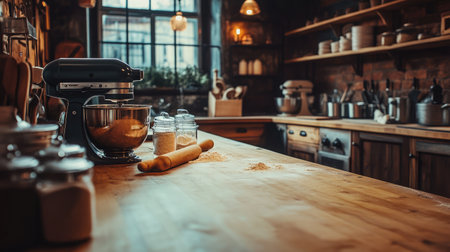 Professional kitchen interior with countertop mixers, rolling pins, and flour containersの素材