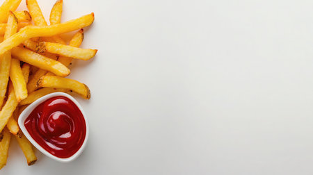 Plate of golden French fries with ketchup on a white background, perfectly litの素材