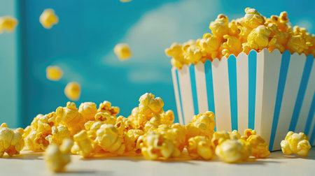 Popcorn in a striped box spilling over onto a white surfaceの素材