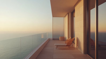 Ocean view from a modern apartment balcony, minimal decor and glass barriersの素材