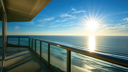 Serene view from open glass balcony, waves rolling in beneath a bright morning skyの素材