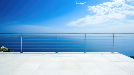 Rooftop balcony with wide open ocean views and fresh breeze under a blue skyの素材