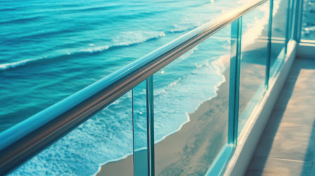 Seaside balcony with glass railing, overlooking turquoise ocean waves and golden sand belowの素材