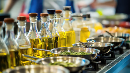 Saut station setup with burners, oil bottles, and ready-to-use pansの素材