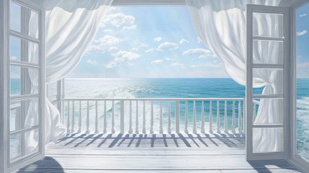 Open balcony doors reveal tranquil sea, light breeze rustling curtains inwardの素材