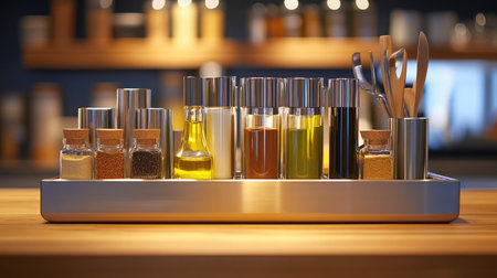 Organized spice rack, oils, and kitchen tools on a stainless prep counterの素材