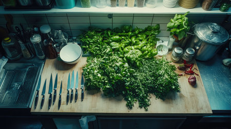 Overhead shot of a restaurant kitchen prep station with knives, bowls, and fresh herbsの素材