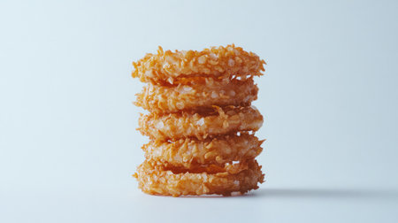 Stack of onion rings with crispy coating, clean white background for food adの素材