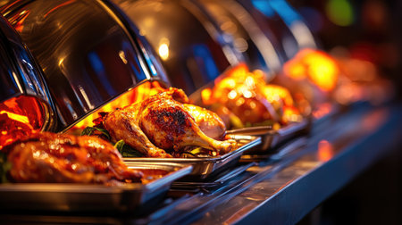 Stainless steel food warmers and heated pass-through counters in a restaurant kitchenの素材