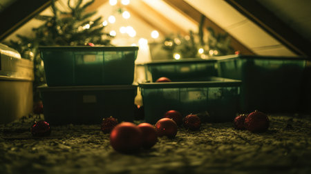 Attic floor covered with plastic bins and holiday ornaments in a dimly lit spaceの素材
