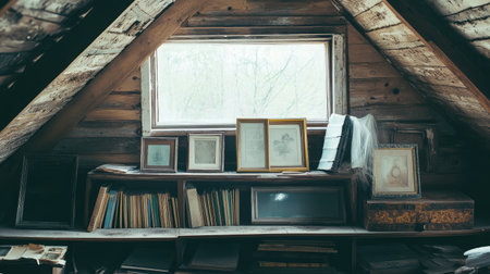 Atmospheric attic interior with antique furniture, picture frames, and dusty booksの素材