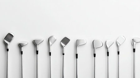 Collection of golf irons laid out in ascending order on a clean white backgroundの素材