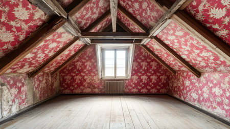 Attic with slanted ceiling beams and retro wallpaper peeling from the wallsの素材