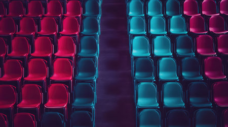 Drone view of empty stadium with symmetrical rows of blue and red seatsの素材