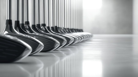 Black and silver golf club heads aligned diagonally across white studio spaceの素材
