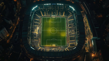 Aerial view of football pitch inside stadium bowl, tightly framed by high-angle shotの素材