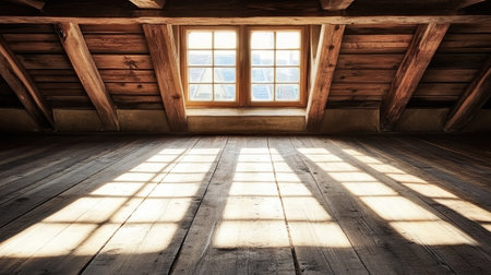 Attic window framed by wooden beams, light casting shadows across the rough floorboardsの素材