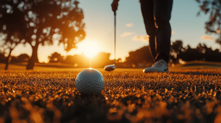 Dramatic angle of club and ball just before impact, blurred motion in sunny outdoor settingの素材