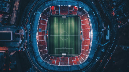 Full stadium shot from bird's eye view, revealing intricate roof design and field layoutの素材