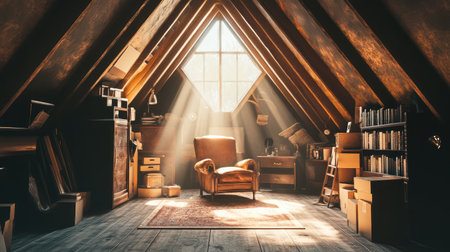 Dusty attic filled with old furniture and boxes under warm rays of sunlight beaming through a small windowの素材