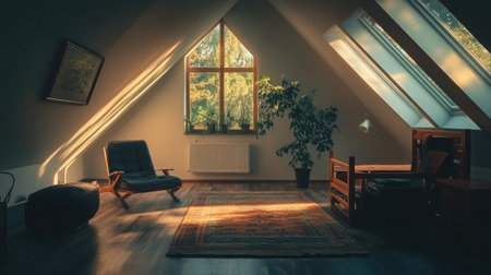 Loft-style attic bedroom with angled ceiling, minimal furniture, and soft natural lightの素材